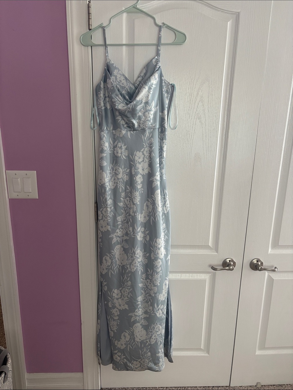 Revelry Light Blue Satin Floral Maxi Slip Dress